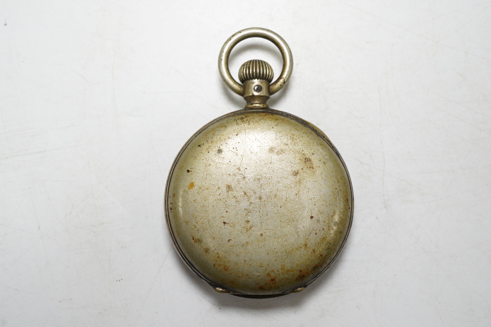 An early 20th century Longines base metal keyless pocket watch. Condition - poor, movement not going